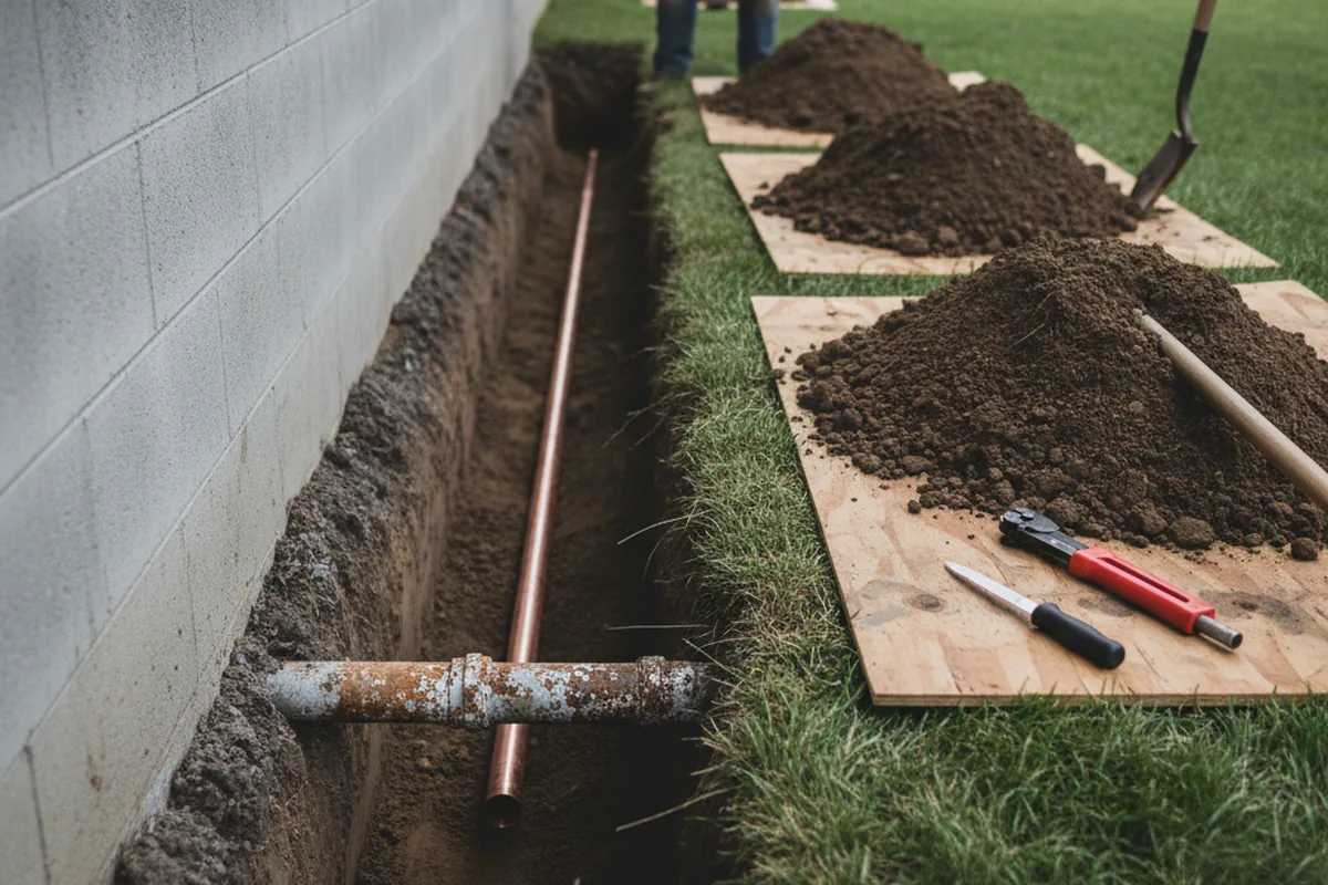 Excavated water line trench during Sewer Line Repair in Fort Knox